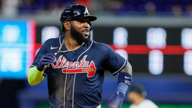 May 3, 2023; Miami, Florida, USA; Atlanta Braves designated hitter Marcell Ozuna (20) circles the bases after a three-run home run from right fielder Ronald Acuna Jr. (not pictured) during the fifth inning against the Miami Marlins at loanDepot Park. Mandatory Credit: Sam Navarro-USA TODAY Sports