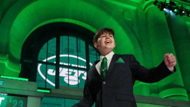 Kyle Stickles, a Make-A-Wish recipient, takes the stage in Kansas City to announce the Jets' first-round choice at the 2023 NFL Draft