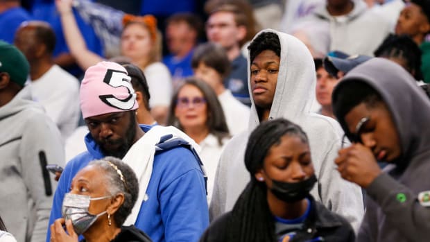 St. Thomas More junior forward Tyler Betsey watches during the game between the Memphis Tigers and Houston Cougars at FedExForum in Memphis on March 5, 2023.