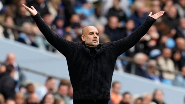 Manchester City manager Pep Guardiola pictured during his team's 2-1 win over Leeds United in May 2023
