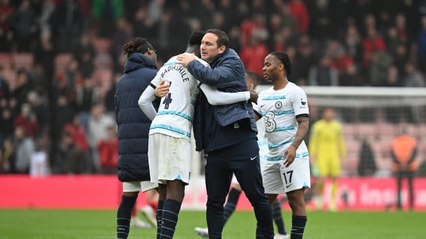 Benoit Badiashile pictured hugging Frank Lampard after Chelsea's 3-1 win at Bournemouth in May 2023