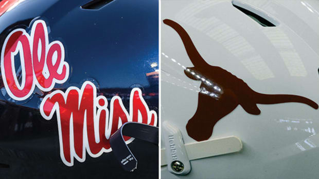 An Ole Miss football helmet logo next to a Texas Longhorn helmet logo.