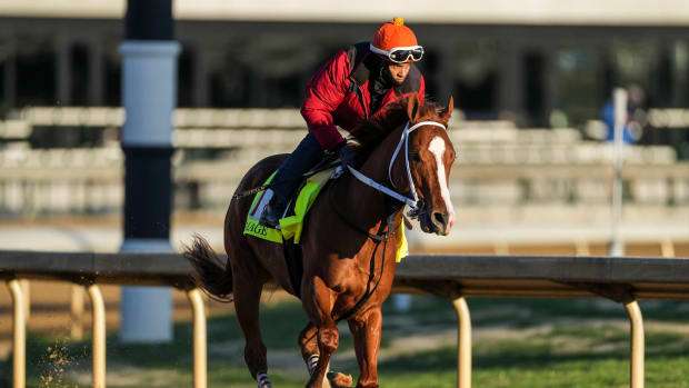 Kentucky Derby contender Mage with exercise rider J.J.Delgado aboard work at Churchill Downs Wednesday morning May 3, 2023, in Louisville, Ky. The horse is trained by Gustavo Delgado. 2023 Kentucky Derby Horses