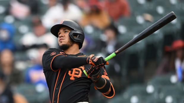 SF Giants infielder Thairo Estrada reacts after hitting a two run home run against the Milwaukee Brewers on May 6, 2023.