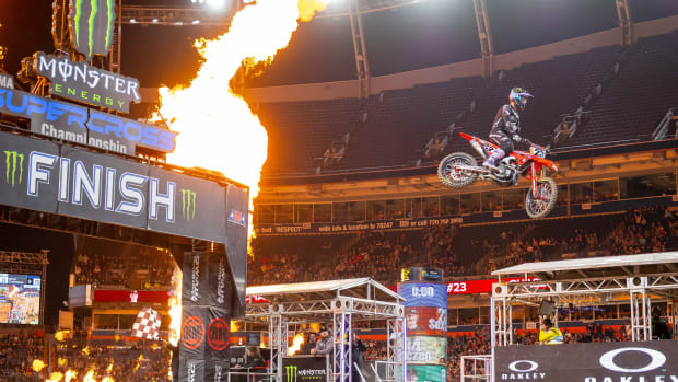 Chase Sexton wins Saturday's Supercross race in Denver and, for all intents and purposes, has clinched the season championship. One race remains upcoming in Salt Lake City, but Sexton appears to be in the rider's seat to take the crown. Photo courtesy Feld Motor Sports.