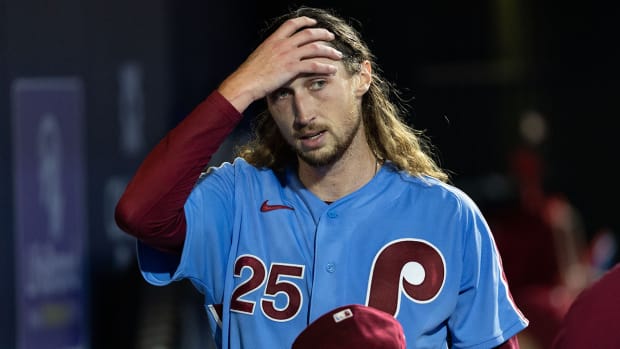 Phillies starting pitcher Matt Strahm (25) in the dugout after being relieved in the sixth inning against the Rockies at Citizens Bank Park.
