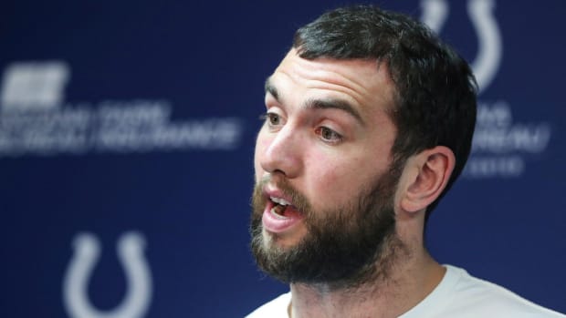 Indianapolis Colts quarterback Andrew Luck talks about his offseason at the Indiana Farm Bureau Football Center on Monday. Jenna Watson/IndyStar Indianapolis Colts quarterback Andrew Luck talks about his offseason at the Indiana Farm Bureau Football Center in Indianapolis, Monday, April 15, 2019. Indianapolis Colts Quarterback Andrew Luck As Press Conference On Off Season