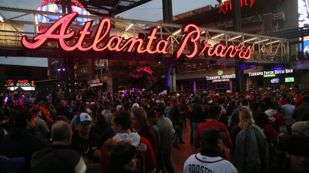 Oct 29, 2021; Atlanta, Georgia, USA; Atlanta Braves fans in the Battery prior to game three of the 2021 World Series against the Houston Astros at Truist Park.