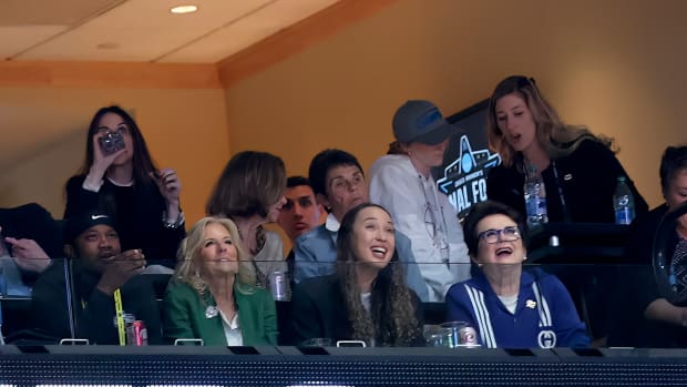 First Lady of the United States Jill Biden looks on from a suite in the first half of the game between the LSU Lady Tigers and Iowa Hawkeyes during the final round of the Women’s Final Four NCAA tournament at the American Airlines Center.