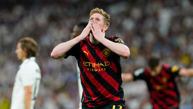 Kevin De Bruyne pictured celebrating after scoring the equalizing goal for Manchester City in a 1-1 draw with Real Madrid in May 2023