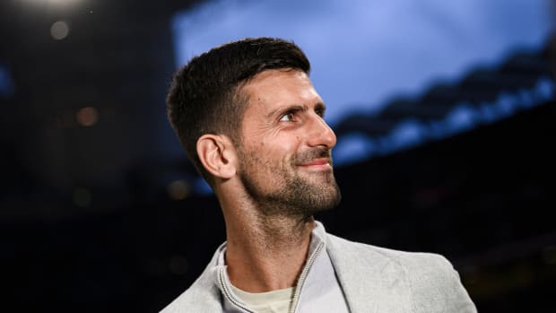 Tennis player Novak Djokovic pictured at the San Siro ahead of AC Milan's home game against Inter Milan in the first leg of their Champions League semi-final in May 2023