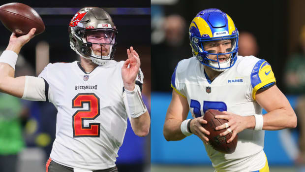 Buccaneers quarterback Kyle Trask throws a pass during a game in 2023. Former Rams quarterback Baker Mayfield looks to throw a pass during a game in 2023.