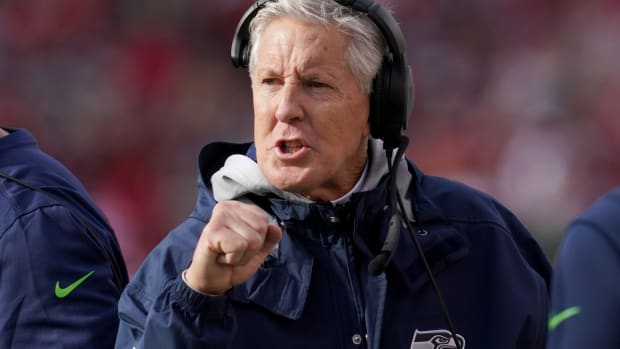 Jan 14, 2023; Santa Clara, California, USA; Seattle Seahawks head coach Pete Carroll gestures on the sidelines in the second quarter of a wild card game against the San Francisco 49ers at Levi’s Stadium. Mandatory Credit: Cary Edmondson-USA TODAY Sports