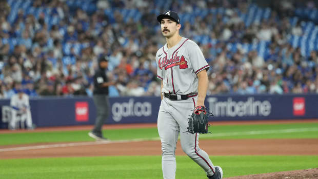 May 12, 2023; Toronto, Ontario, CAN; Atlanta Braves starting pitcher Spencer Strider (99) walks towards the dugout after being relieved during the seventh inning against the Toronto Blue Jays at Rogers Centre. Mandatory Credit: Nick Turchiaro-USA TODAY Sports