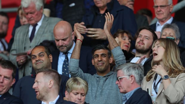 UK prime minister Rishi Sunak pictured clapping his hands before kickoff in Southampton's game against Fulham in May 2023