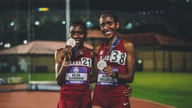 Alabama Track and Field's Hilda Olemomoi and Mercy Chelangat pose with their medals at the SEC Track and Field Championships in Baton Rouge, La.