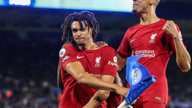 Trent Alexander-Arnold pictured celebrating after scoring for Liverpool against Leicester in May 2023
