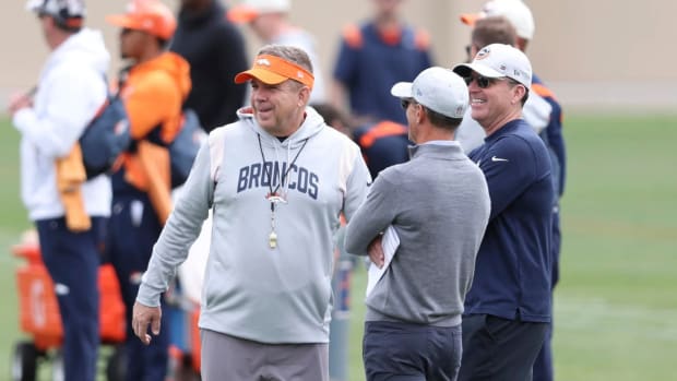 Denver Broncos head coach Sean Payton, GM George Paton, and CEO Greg Penner