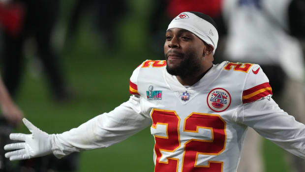Feb 12, 2023; Glendale, Arizona, US; Kansas City Chiefs safety Juan Thornhill (22) celebrates after the Chiefs defeated the Philadelphia Eagles in Super Bowl LVII at State Farm Stadium. Mandatory Credit: Joe Camporeale-USA TODAY Sports