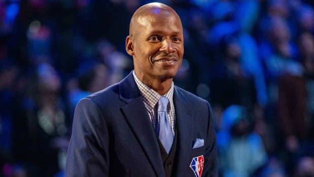 NBA great Ray Allen is honored for being selected to the NBA 75th Anniversary Team during halftime in the 2022 NBA All-Star Game at Rocket Mortgage FieldHouse.