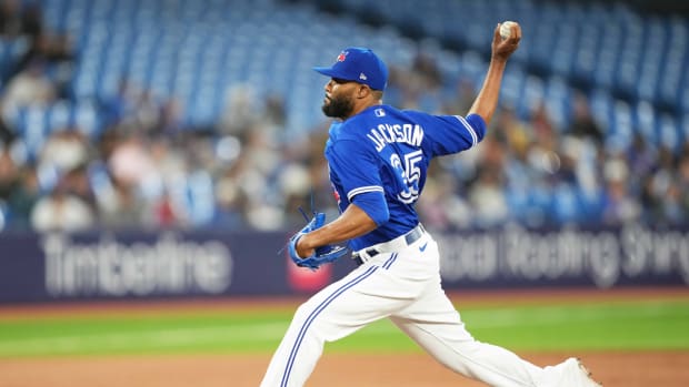 May 15, 2023; Toronto, Ontario, CAN; Toronto Blue Jays relief pitcher Jay Jackson (35) throws a pitch against the New York Yankees during the eighth inning at Rogers Centre.