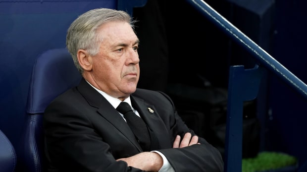 Real Madrid manager Carlo Ancelotti pictured during his team's 4-0 defeat at Manchester City in May 2023