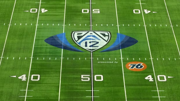 Dec 2, 2022; Las Vegas, NV, USA; A general overall view of the Pac-12 Conference logo at midield at Allegiant Stadium. Mandatory Credit: Kirby Lee-USA TODAY Sports