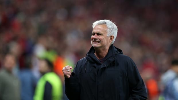 Roma manager Jose Mourinho pictured celebrating after guiding his team to a 1-0 aggregate win over Bayer Leverkusen in the semi-finals of the UEFA Europa League in May 2023