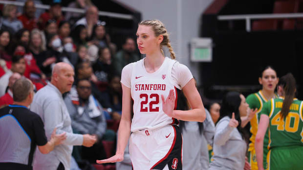 jan 29, 2023; Stanford, California, USA; Stanford Cardinal forward Cameron Brink (22) gestures towards the Stanford bench as a timeout is called against the Oregon Ducks during the third quarter at Maples Pavilion. Mandatory Credit: Kelley L Cox-USA TODAY Sports