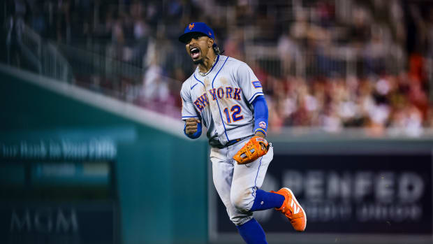 May 12, 2023; Washington, District of Columbia, USA; New York Mets shortstop Francisco Lindor (12) celebrates after making a play to retire Washington Nationals catcher Keibert Ruiz (20) fields a ground ball against the Washington Nationals during the eighth inning at Nationals Park. Mandatory Credit: