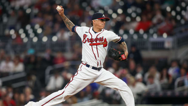 Apr 25, 2023; Atlanta, Georgia, USA; Atlanta Braves relief pitcher Jesse Chavez (60) throws against the Miami Marlins in ninth inning at Truist Park.