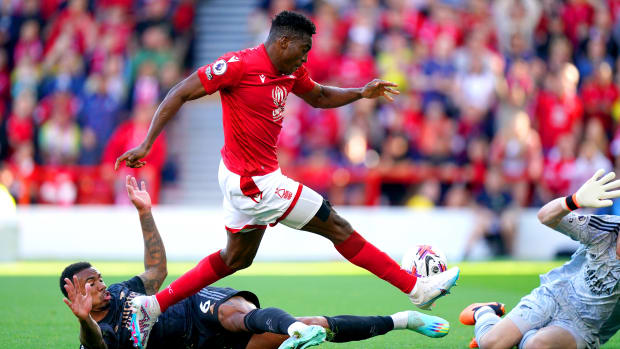 Taiwo Awoniyi pictured scoring for Nottingham Forest against Arsenal in May 2023