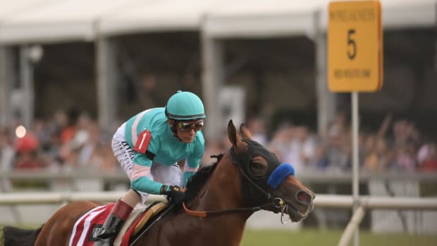 May 20, 2023; Baltimore, Maryland, USA; National Treasure with John R. Velazquez up (1) pulls away from the field during the running of the 148th Preakness Stakes at Pimlico Race Course.