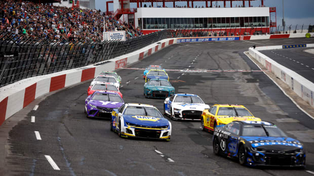 Daniel Suarez, Chase Elliott, Joey Logano and Denny Hamlin race during qualifying heat race #1 for the NASCAR Cup Series All-Star Race at North Wilkesboro Speedway. (Photo by Sean Gardner/Getty Images)