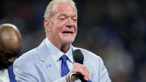 Indianapolis Colts owner Jim Irsay speaks at a Ring of Honor induction ceremony for Tarik Glenn on Sunday, Oct. 30, 2022, during a game against the Washington Commanders at Indianapolis Colts at Lucas Oil Stadium in Indianapolis.