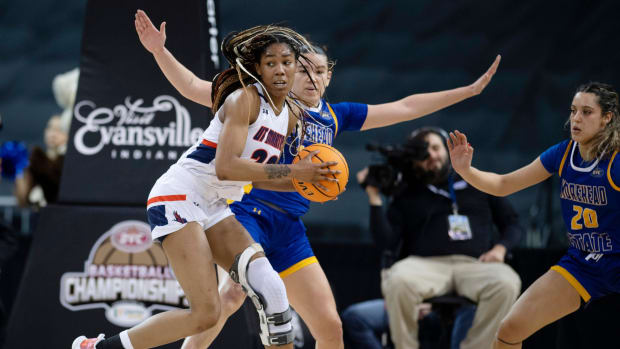 Tennessee Martin's Sharnecce Currie-Jelks (23) is guarded by Morehead State's Sophie Benharouga (14) during their first round game of the Ohio Valley Conference Women's Basketball Championship at Ford Center in Evansville, Ind., Wednesday afternoon, March 1, 2023.
