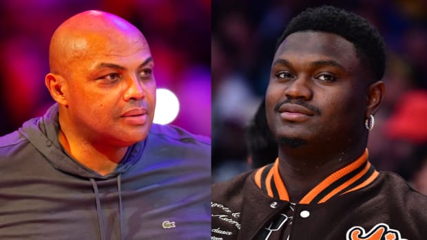 Charles Barkley attends a Suns game in 2023. Pelicans forward Zion Williamson sits on the bench during a game in 2023.