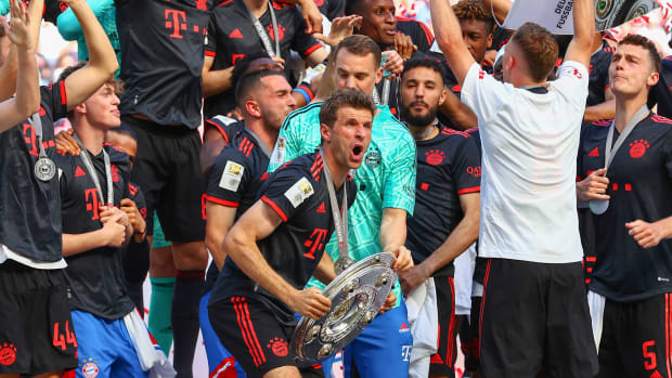Bayern Munich's players pictured celebrating after winning the Bundesliga title on the final day of the 2022/23 season