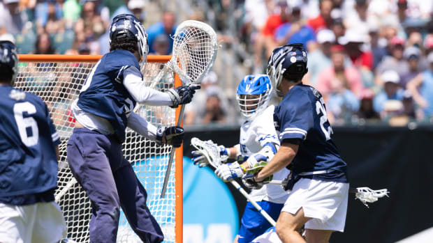 Duke's Garrett Leadmon scores the game-winning goal against Penn State in the semifinals of the NCAA Men's Lacrosse Championships.