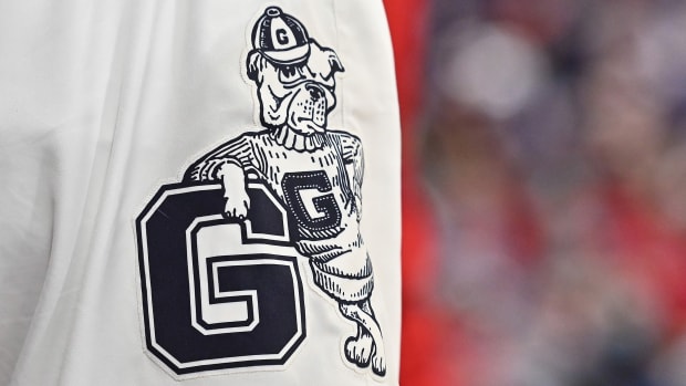 Gonzaga Bulldogs school logo on the side of a pair of basketball shorts.