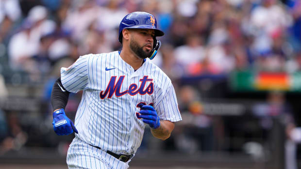 May 21, 2023; New York City, NY, USA; New York Mets catcher Gary Sanchez (33) runs after hitting a single against the Cleveland Guardians during the fourth inning.
