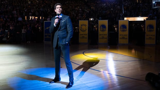 Golden State Warriors general manager Bob Myers speaks before a game
