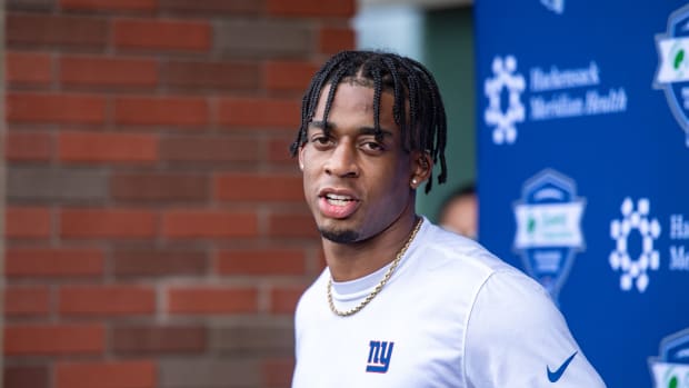 May 13, 2022; East Rutherford, NJ, USA; New York Giants defensive back Cordale Flott (28) speaks to the media during rookie camp at Quest Diagnostics Training Center.