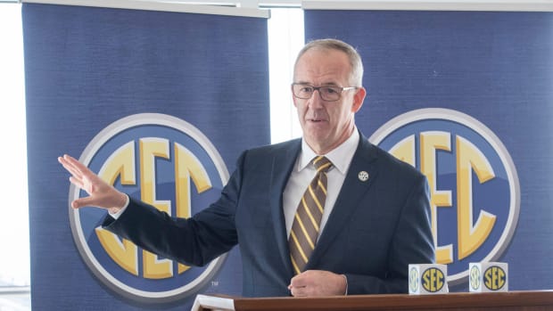 Southeastern Conference Commissioner Greg Sankey at a press conference.