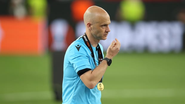 Referee Anthony Taylor pictured following the 2023 UEFA Europa League final in Budapest