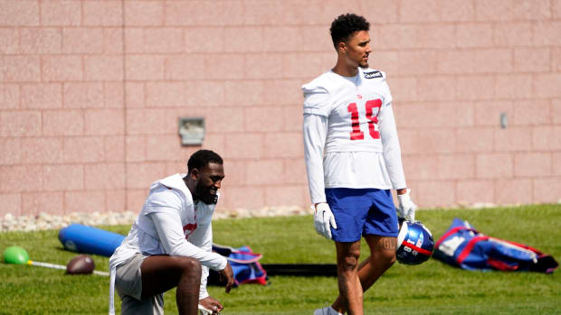 New York Giants wide receivers Parris Campbell, left, and Isaiah Hodgins participate in organized team activities (OTA's) at the Giants training center on Wednesday, May 31, 2023, in East Rutherford.