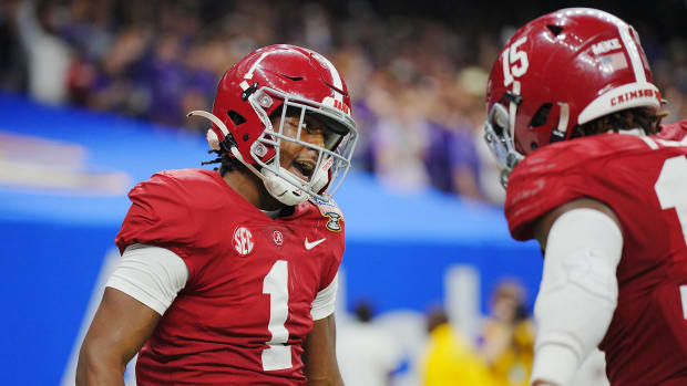 Dec 31, 2022; New Orleans, LA, USA; Alabama Crimson Tide defensive back Kool-Aid McKinstry (1) reacts after a defensive play against the Kansas State Wildcats during the second half in the 2022 Sugar Bowl at Caesars Superdome.