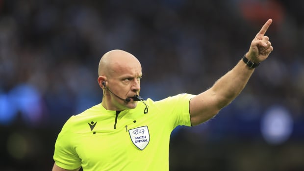 Referee Szymon Marciniak pictured during Manchester City's 4-0 win over Real Madrid in the semi-finals of the 2022/23 UEFA Champions League