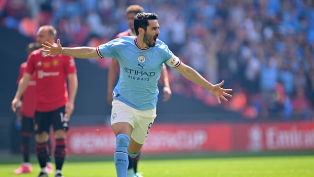 Ilkay Gundogan pictured celebrating after scoring the quickest goal in FA Cup final history - for Manchester City against Manchester United after just 12 seconds of the 2023 final
