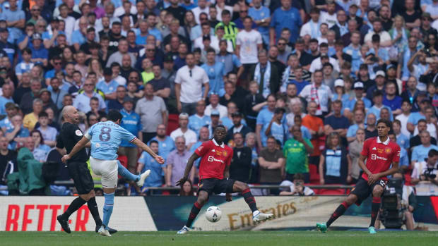 Manchester City no.8 Ilkay Gundogan pictured scoring his second goal of the 2023 FA Cup final against Manchester United